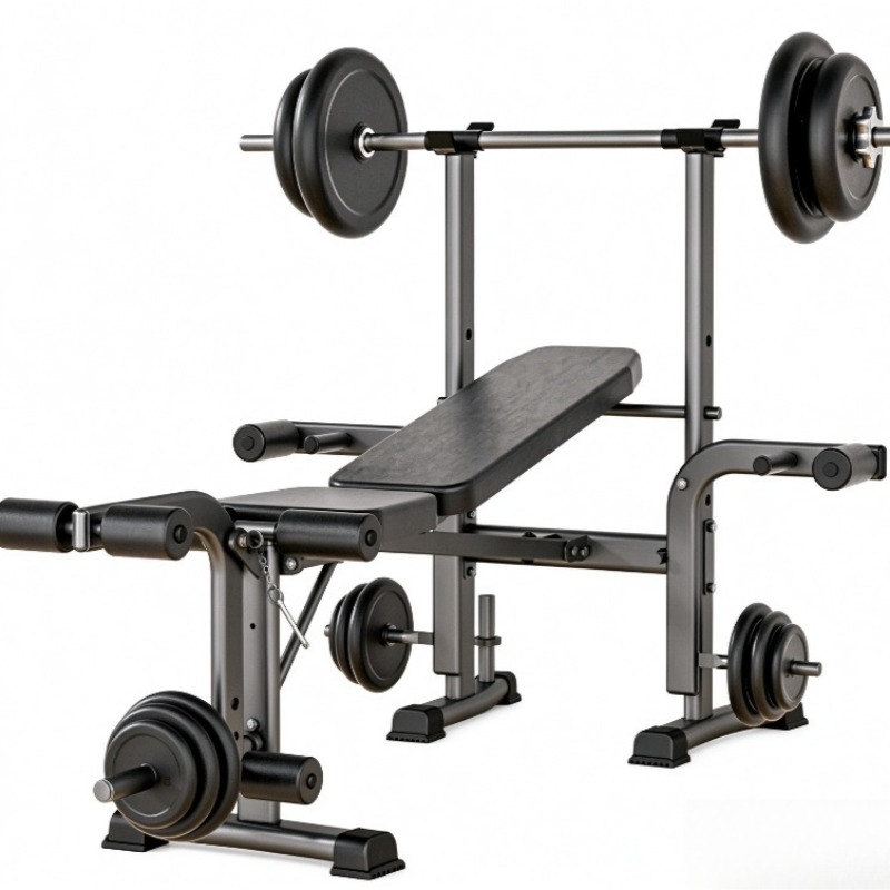 All In One Gym Home Equipment - ม้านั่งยกน้ำหนักแบบพับได้ อเนกประสงค์ ครบวงจร พร้อมชุดบาร์เบลและแร็คสควอท อุปกรณ์ออกกำลังกายสำหรับโฮมยิม แข็งแรงทนทาน