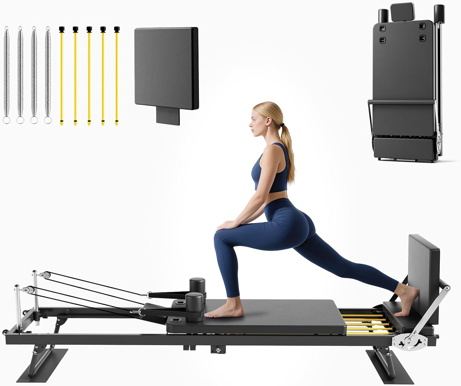 Home Gym Equipment Set - เครื่องพิลาทิส รีฟอร์มเมอร์แบบพับได้, อุปกรณ์ออกกำลังกายที่บ้านสำหรับการออกกำลังกายทั่วร่างกาย, แพลตฟอร์มระบบแรงต้านคู่พร้อมกระดานกระโดด, สไตล์มินิมอลทันสมัย, สีดำ,