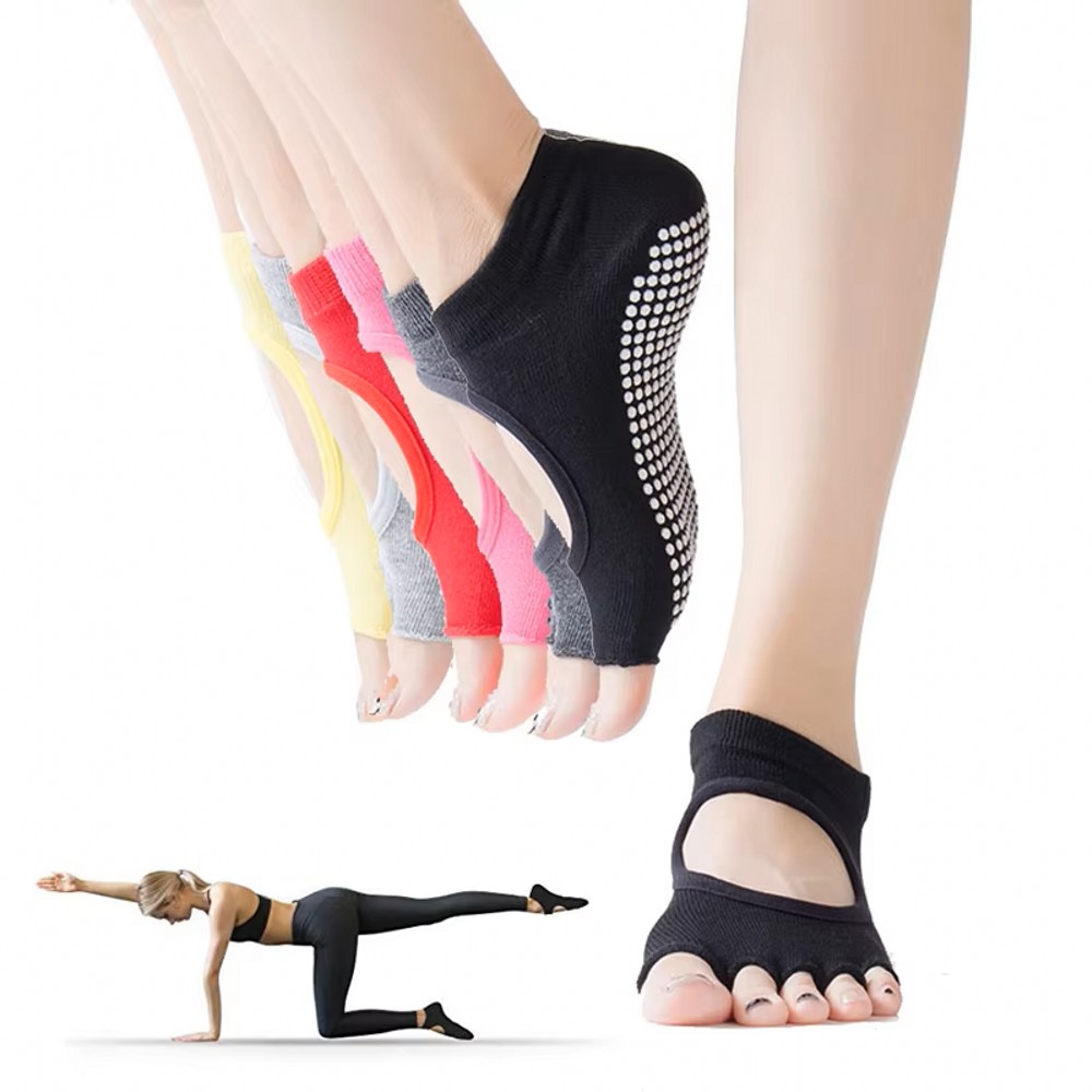 Home Gym Yoga - ถุงเท้าโยคะห้านิ้วแบบเปิดหลัง ระบายอากาศได้ดี สำหรับพิลาทิส กีฬาแบบเท้าเปล่า ใช้ได้ทั้งที่บ้านและในสตูดิโอ ถุงเท้ากันลื่น